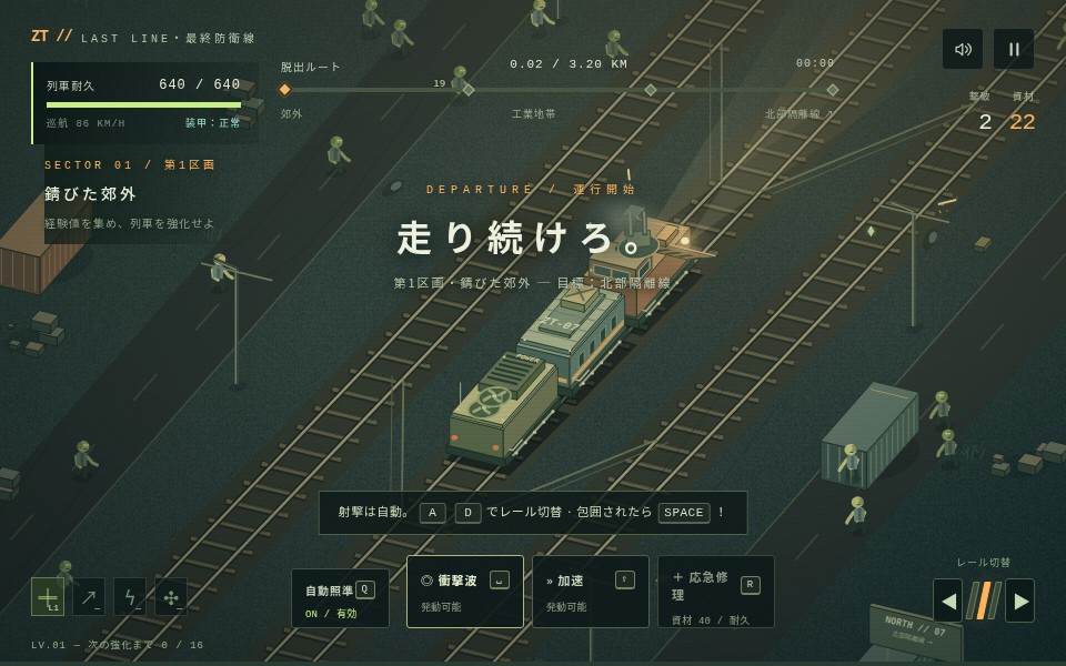 装甲列車でゾンビを迎え撃つゲーム画面
